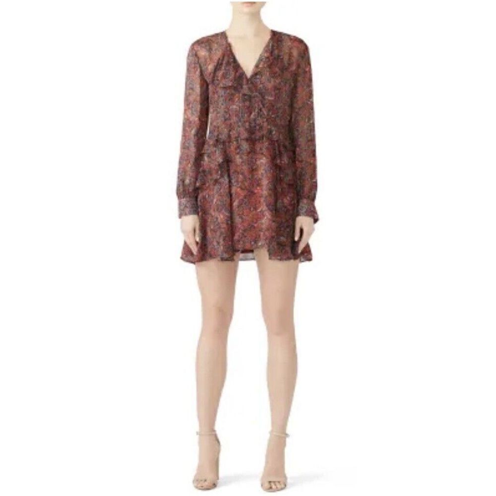 IRO Dress Womens 36 Small S Brick Red Floral Mini Long Sleeve Ruffle Honess